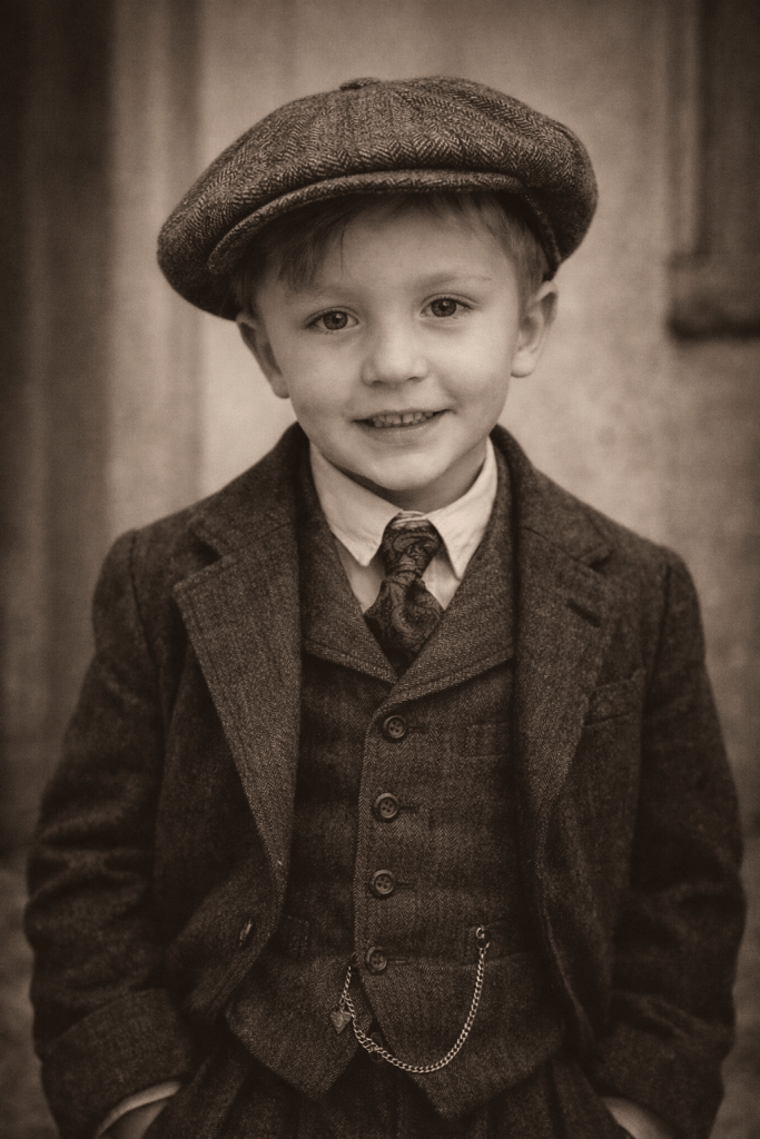Vintage boy in flat cap and 1930s style clothing 